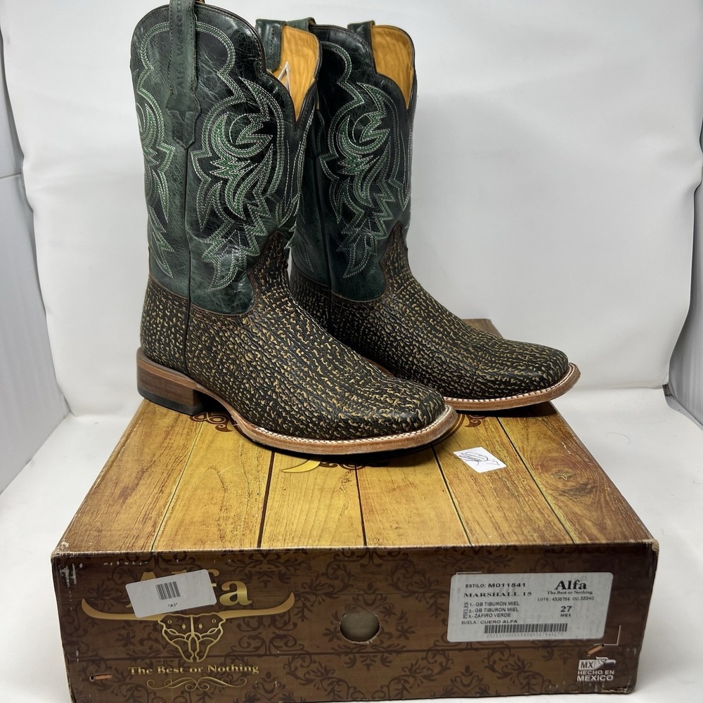 Alfa Shark Skin Cowboy Boots Men's 9 Green Embroidery Western Marshall Tiburon